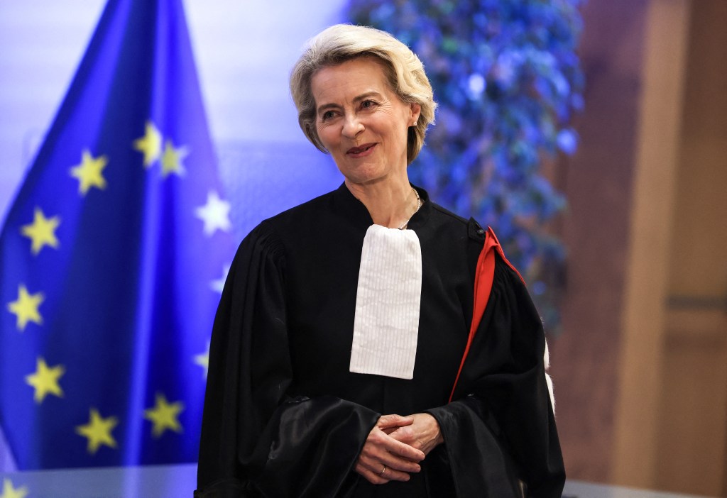 President of the European Commission Ursula von der Leyen reacts as she receives the title of Doctor Honoris Causa at the "Toulouse Capitole" university in Toulouse, southwestern France, on June 9, 2023. (Photo by Charly TRIBALLEAU / AFP)