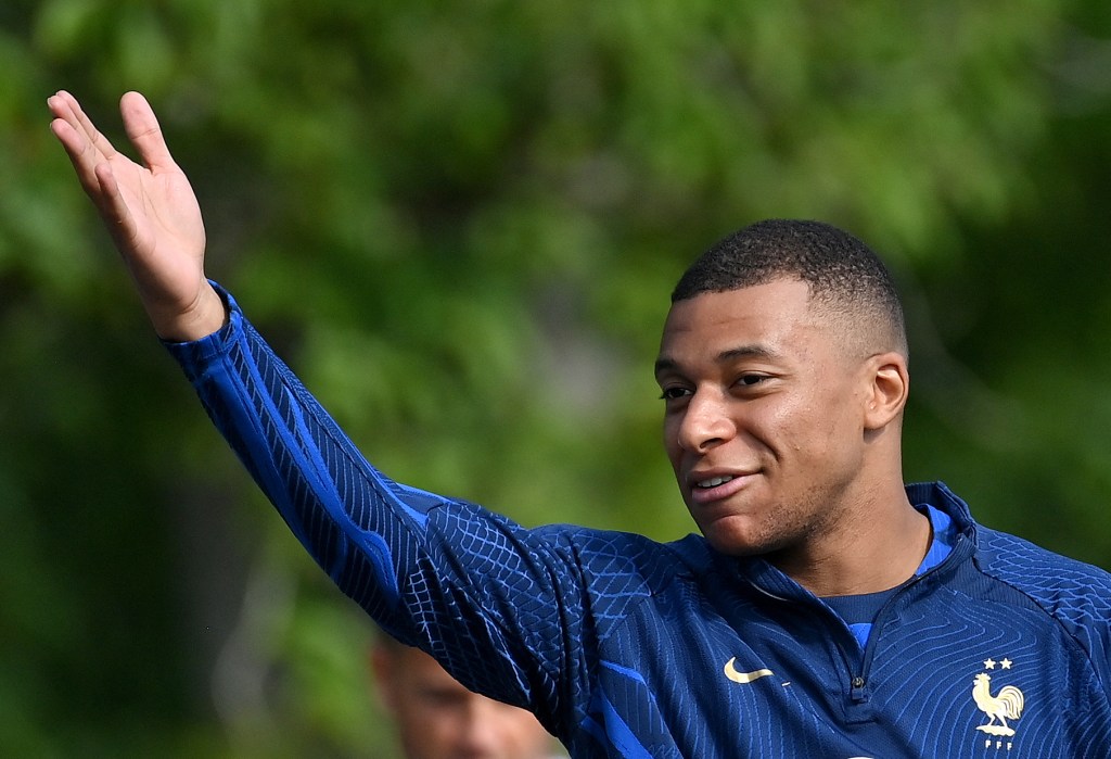 France's forward Kylian Mbappe gestures before a training session ahead of the upcoming UEFA Euro 2024 football tournament qualifying matches in Clairefontaine-en-Yvelines, on June 12, 2023. France will play against Gibraltar on June 16, 2023 and against Greece on June 19, 2023 in their UEFA Euro 2024 Group B Qualification matches. (Photo by FRANCK FIFE / AFP)