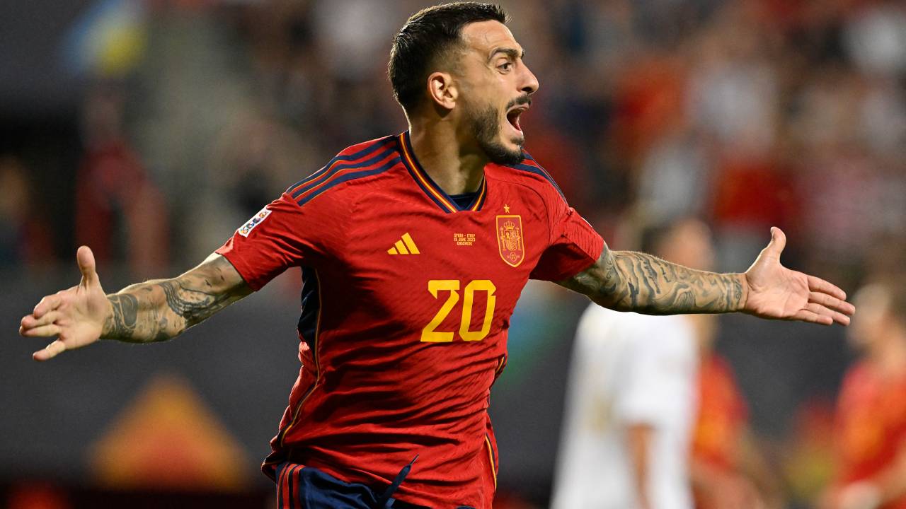 Spain's forward Joselu celebrates scoring his team's second goal during the UEFA Nations League semi final football match between Spain and Italy at the De Grolsch Veste Stadium in Enschede on June 15, 2023. (Photo by JOHN THYS / AFP)