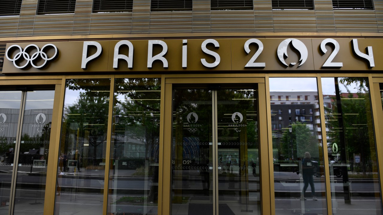 This photograph shows the entrance of the headquarters of the Paris 2024 Olympics (Cojo) headquarters as Police raided just over a year out from the opening ceremony of the quadrennial sporting showpiece, in Saint-Denis, northern Paris, on June 20, 2023. (Photo by JULIEN DE ROSA / AFP)