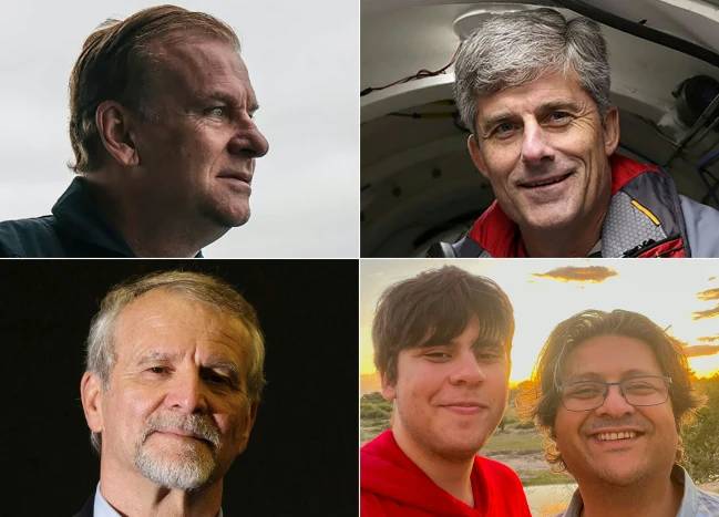 Os passageiros do Titan, do alto, à esquerda, em sentido horário: Hamish Harding, Stockton Rush, Paul-Henri Nargeolet, Suleman Dawood e seu pai Shahzada Dawood