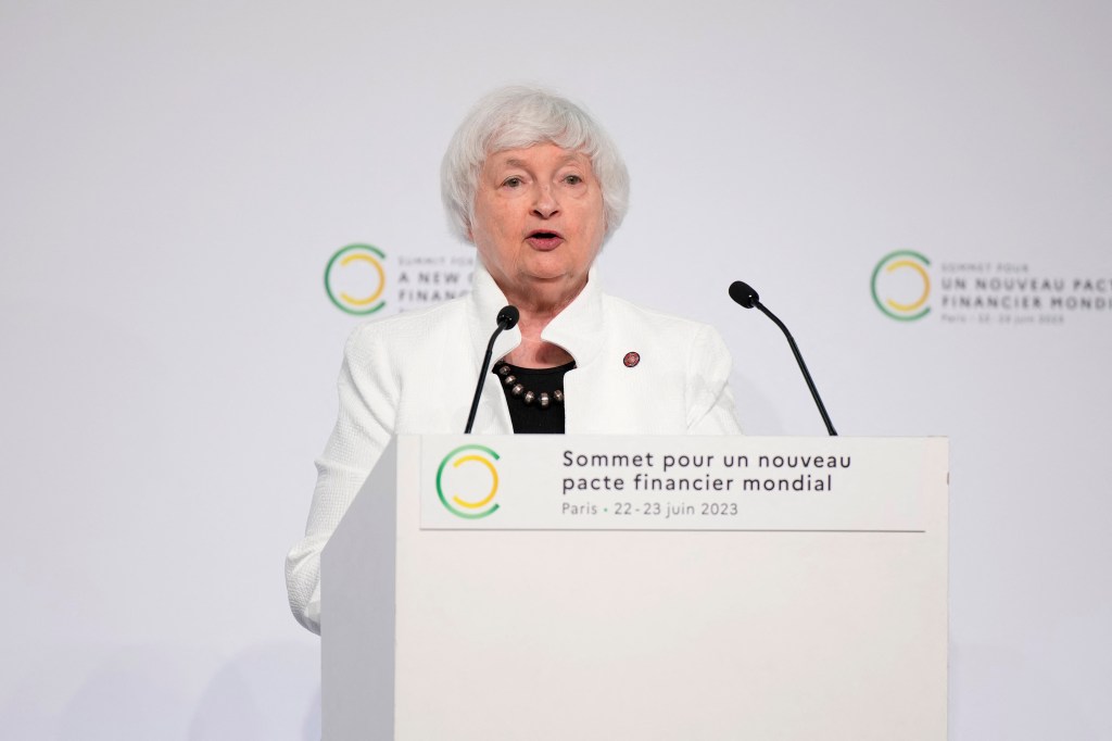 US Treasury Secretary Janet Yellen speaks during a joint press conference as part of the closing session of the New Global Financial Pact Summit, in Paris on June 23, 2023. (Photo by Lewis Joly / POOL / AFP)