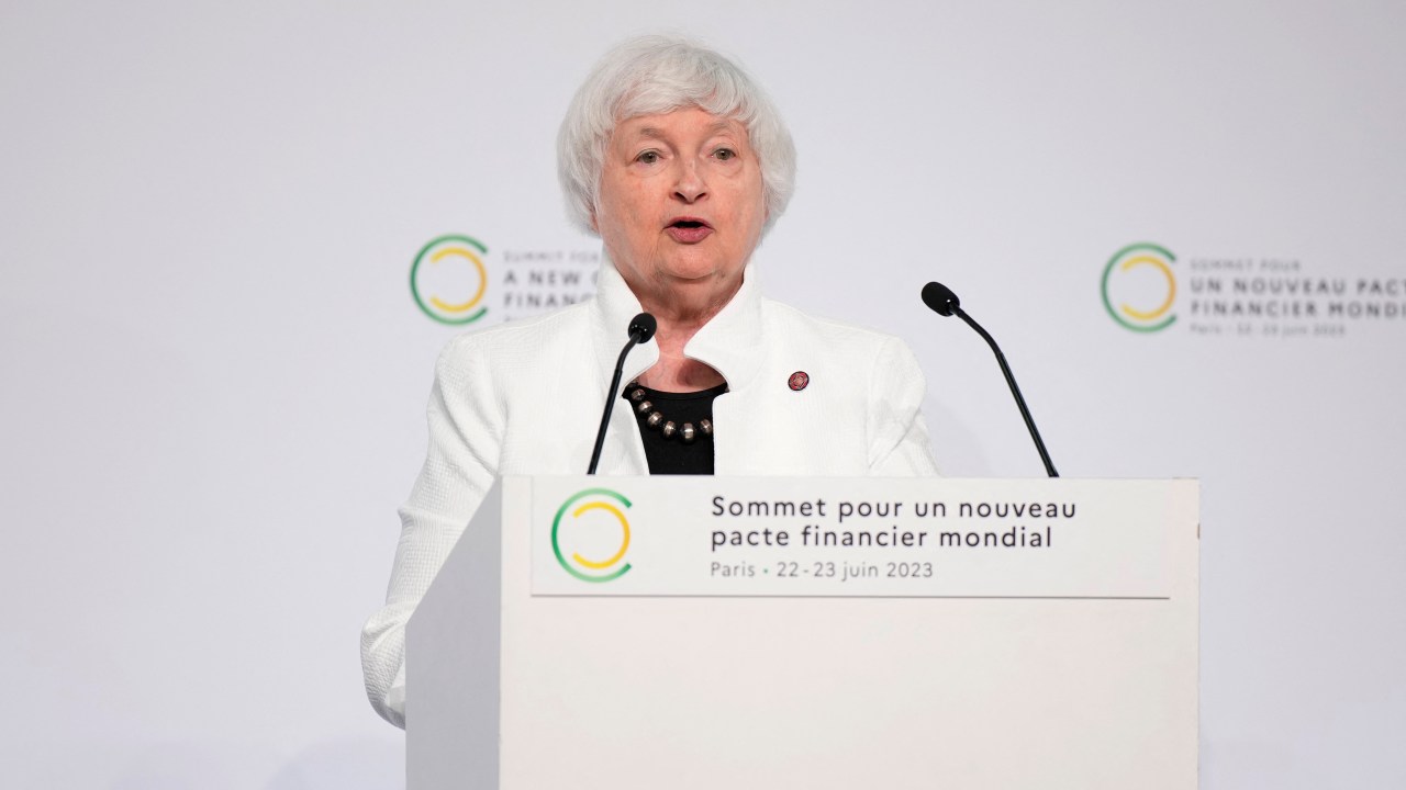 US Treasury Secretary Janet Yellen speaks during a joint press conference as part of the closing session of the New Global Financial Pact Summit, in Paris on June 23, 2023. (Photo by Lewis Joly / POOL / AFP)
