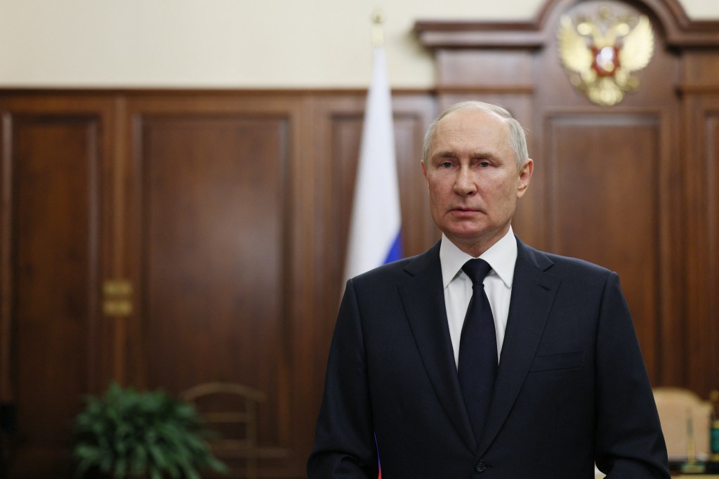 Russias President Vladimir Putin addresses the nation in Moscow on June 26, 2023. Russian President Vladimir Putin said on June 26, 2023 that he gave an order to avoid bloodshed during an armed rebellion over the weekend that rattled his rule, saying the West and Kyiv wanted Russians to "kill each other" and thanking citizens for their "patriotism." (Photo by Gavriil GRIGOROV / SPUTNIK / AFP)