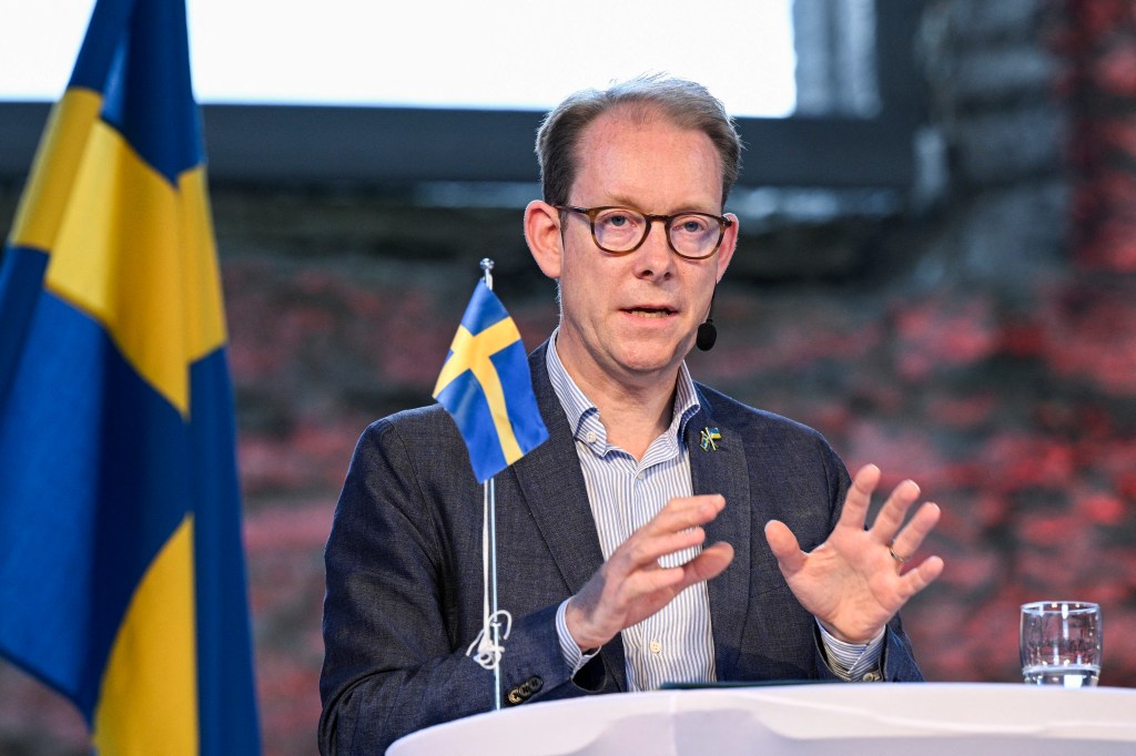 Sweden's Foreign Minister Tobias Billström addresses a press conference at the St Nicolai Church Ruins in Visby on the Swedish island of Gotland on June 27, 2023. (Photo by Anders WIKLUND / various sources / AFP) / Sweden OUT