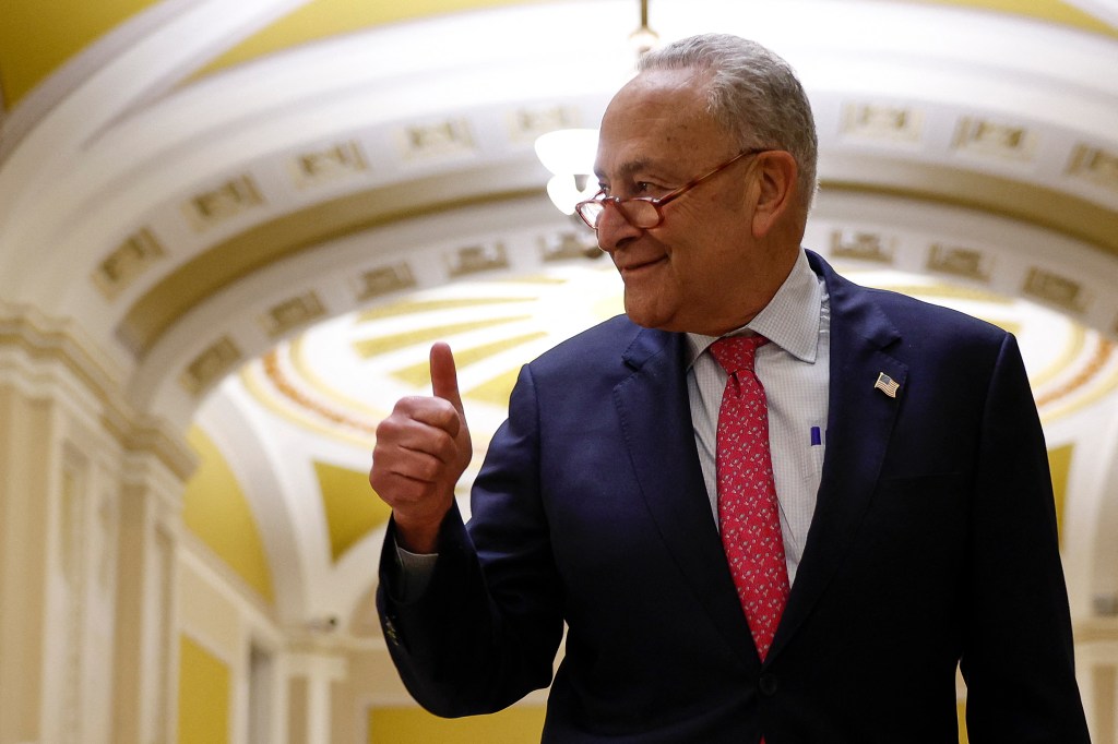 WASHINGTON, DC - JUNE 01: U.S. Senate Majority Leader Chuck Schumer (D-NY) gives a thumbs up as he walks to a press conference after final passage of the Fiscal Responsibility Act at the U.S. Capitol Building on June 01, 2023 in Washington, DC. The legislation passed in the Senate with a bipartisan vote of 63-36, raising the debt ceiling until 2025 and avoiding a federal default. Anna Moneymaker/Getty Images/AFP (Photo by Anna Moneymaker / GETTY IMAGES NORTH AMERICA / Getty Images via AFP)