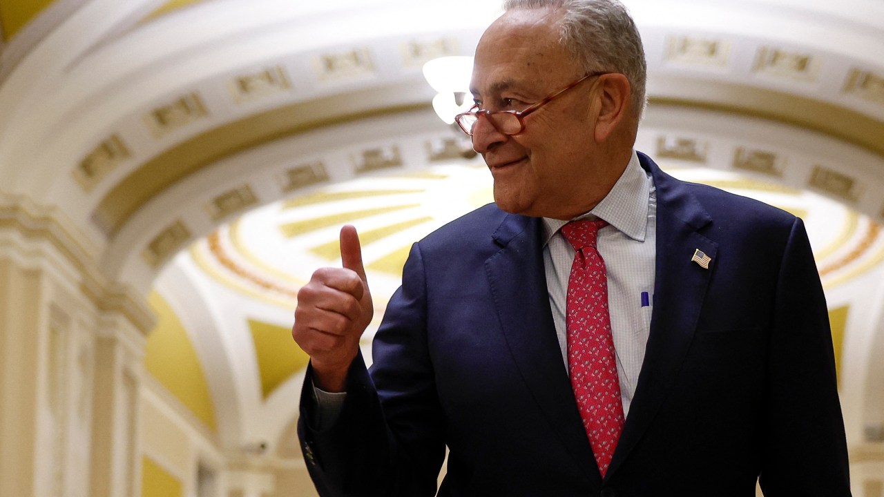WASHINGTON, DC - JUNE 01: U.S. Senate Majority Leader Chuck Schumer (D-NY) gives a thumbs up as he walks to a press conference after final passage of the Fiscal Responsibility Act at the U.S. Capitol Building on June 01, 2023 in Washington, DC. The legislation passed in the Senate with a bipartisan vote of 63-36, raising the debt ceiling until 2025 and avoiding a federal default. Anna Moneymaker/Getty Images/AFP (Photo by Anna Moneymaker / GETTY IMAGES NORTH AMERICA / Getty Images via AFP)