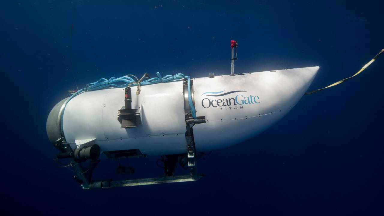 O submersível Titan, da Ocean Gate Expeditions, que desapareceu no mar do Atlântico Norte no domingo, dia 18 de junho -