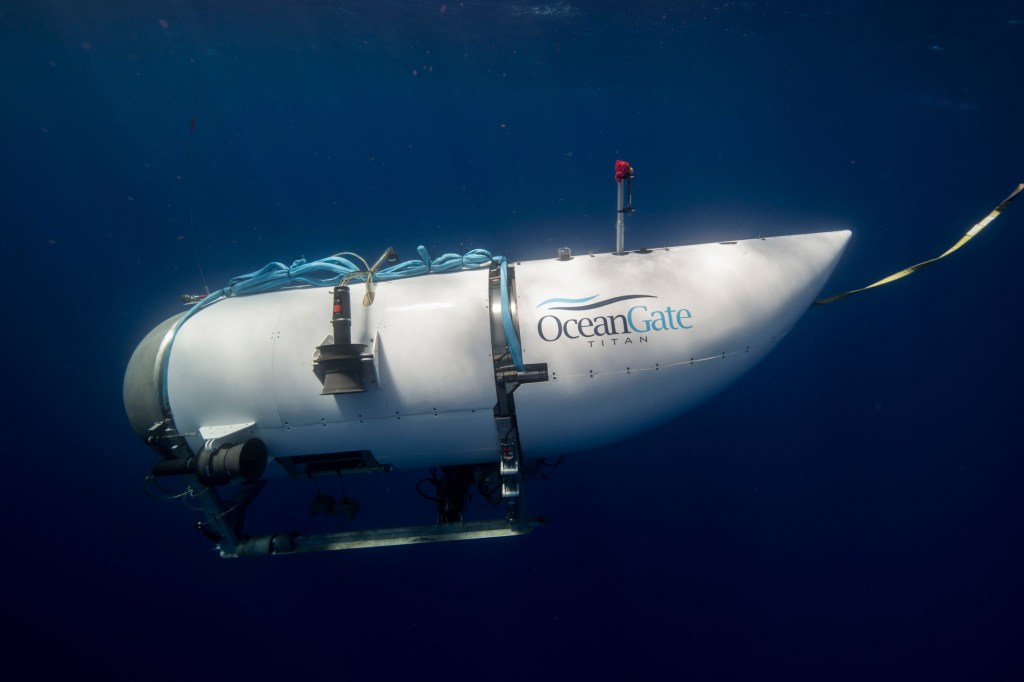O submersível Titan, da Ocean Gate Expeditions, que desapareceu no mar do Atlântico Norte no domingo, dia 18 de junho -