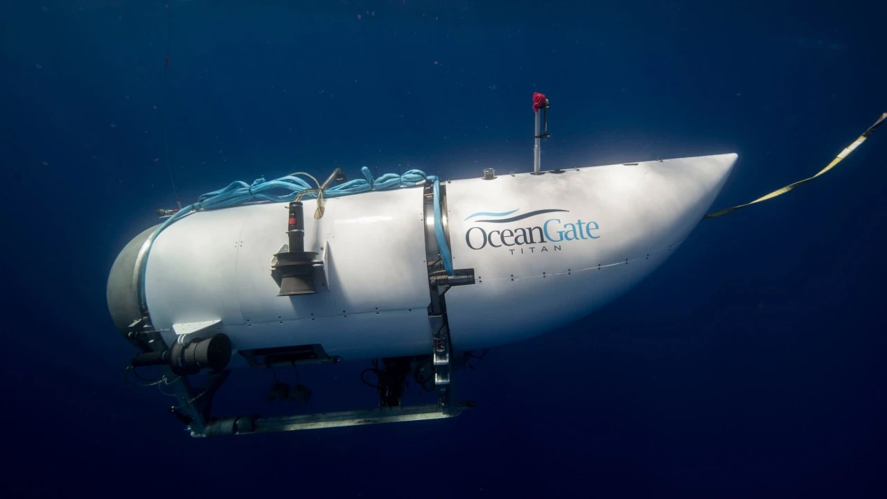 O submersível Titan, da OceanGate Expeditions, que desapareceu no mar do Atlântico Norte no domingo, dia 18 de junho