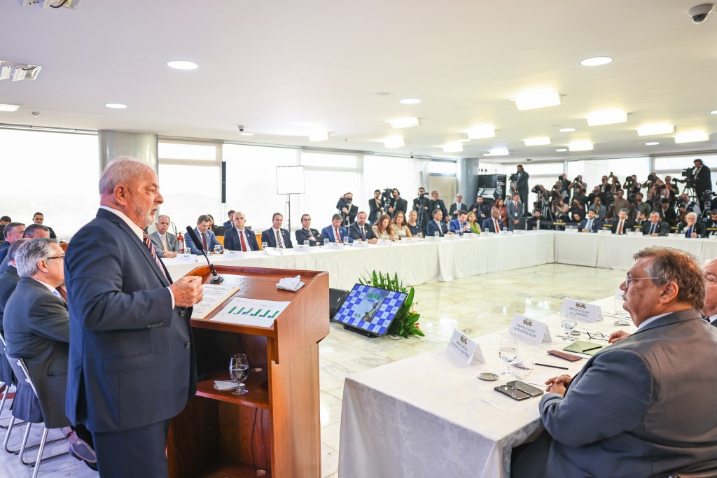 Presidente da República, Luiz Inácio Lula da Silva, durante reunião ministerial dos 100 dias de governo.Palácio do Planalto