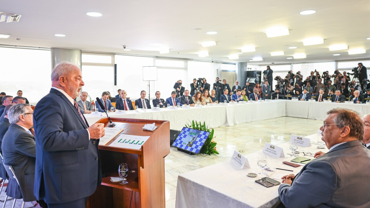 Presidente da República, Luiz Inácio Lula da Silva, durante reunião ministerial dos 100 dias de governo.Palácio do Planalto