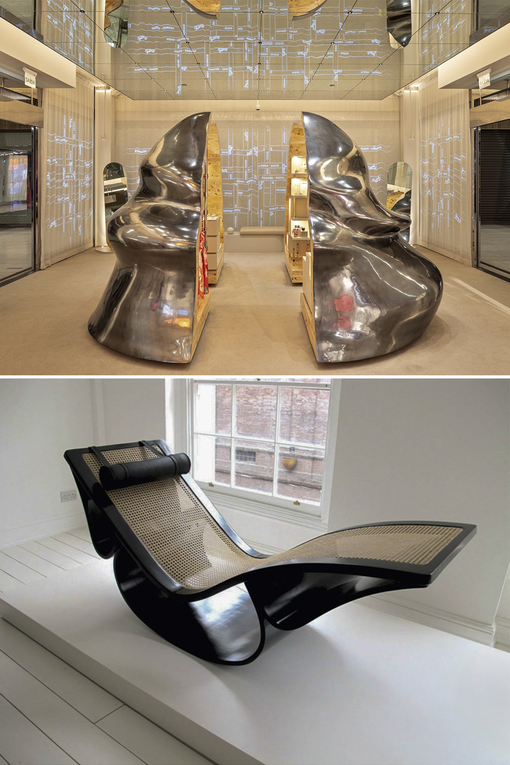 SENSUALIDADE - Espaço da Hermès, em São Paulo, projetado por Guto Requena e a chaise longue de Niemeyer (abaixo): não à linha dura