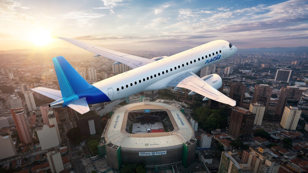 Simulação do avião da Embraer com as cores da Placar Linhas Aéreas sobrevoando o Allianz Parque, estádio do Palmeiras