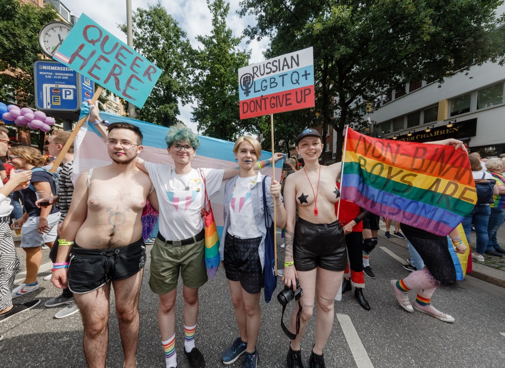 03 August 2019, Hamburg: LGBTQ activists from St.Petersburg, Russia, take part in the Christopher Street Day (CSD) parade. The Pride Week takes place this year under the motto "Basically the same - for a better constitution". Photo: Markus Scholz/dpa (Photo by Markus Scholz/picture alliance via Getty Images)