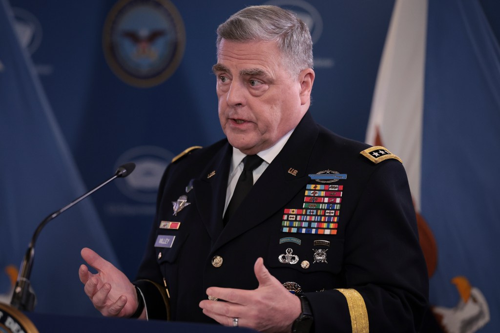ARLINGTON, VIRGINIA - MAY 25: Army Gen. Mark Milley, chairman of the Joint Chiefs of Staff, speaks during a news conference at the Pentagon May 25, 2023 in Arlington, Virginia. Milley and U.S. Defense Secretary Lloyd Austin briefed members of the press following an online session of the Ukraine Defense Contact Group. (Photo by Win McNamee/Getty Images)