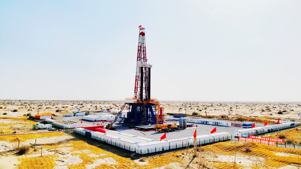 AKSU, CHINA - MAY 31: Drilling of the Take-1 well of over 10,000 meters depth is in operation in the Tarim Basin on May 31, 2023 in Aksu Prefecture, Xinjiang Uygur Autonomous Region of China. The automatic drilling rig for ultra-deep land well started operation on May 30 in the Tarim Basin. (Photo by VCG/VCG via Getty Images)