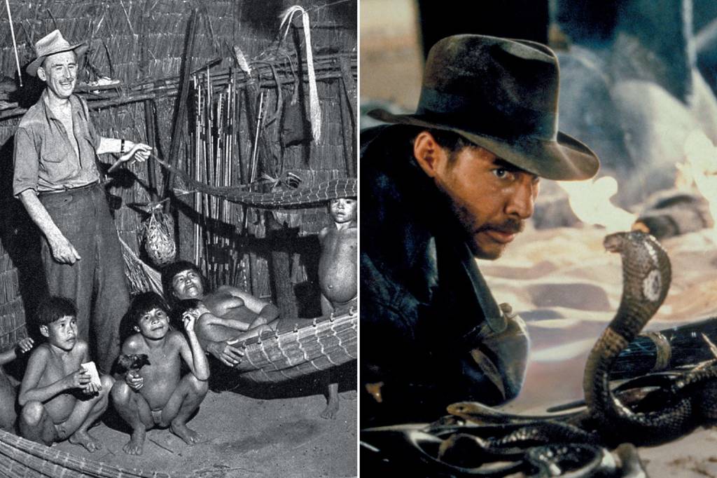 Livro-Filme FICÇÃO? - Arca perdida: Brian, o filho mais novo do explorador, cercado por indígenas calapalos (à esq.); o pai teria inspirado o Indiana Jones das telas