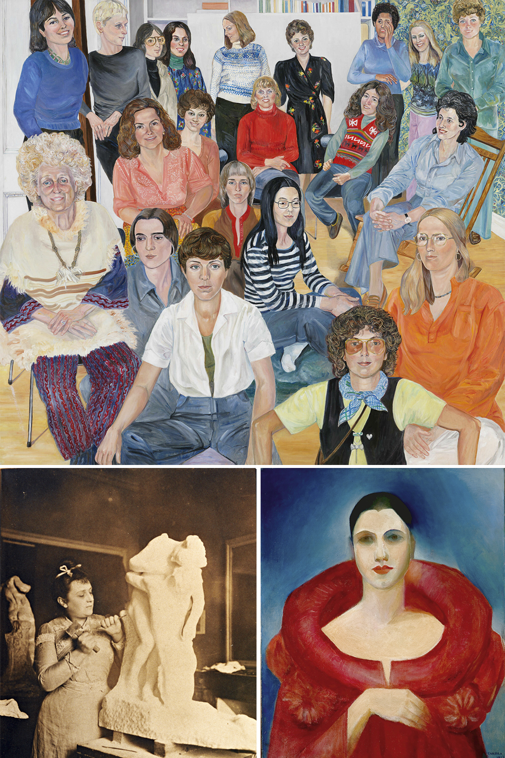 FASES - Mulheres que brilharam na arte: acima, A.I.R. Group Portrait, de Sylvia Sleigh; na esquerda, a escultora Camille Claudel; e o autorretrato de Tarsila