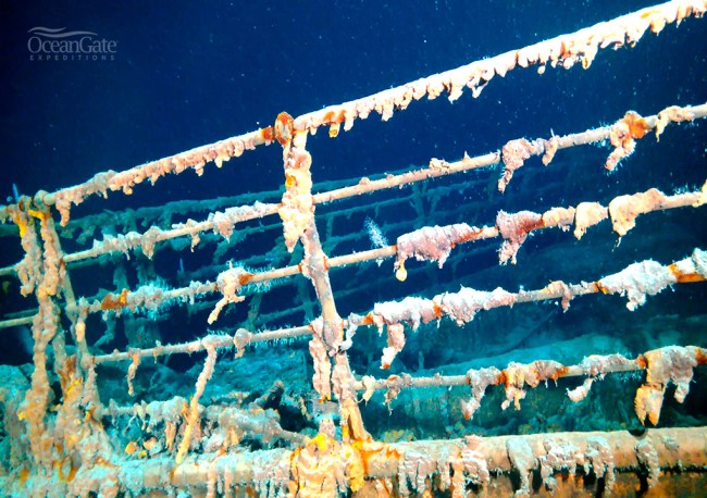 Detalhe do Titanic naufragado, em imagem de expedição da OceanGate Expeditions -