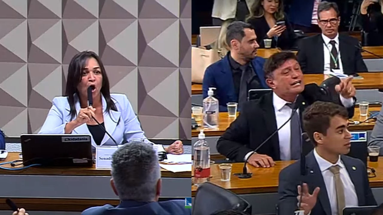 A senadora Eliziane Gama (PSD-MA), relatora da CPMI do 8 de janeiro, e deputado federal Delegado Éder Mauro (PL-PA) batem boca durante depoimento nesta terça-feira