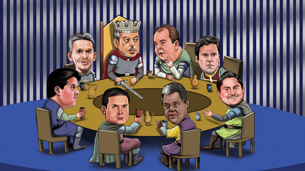 A CORTE - Lira (no centro) e seu grupo mais próximo: Elmar Nascimento (à dir.), Isnaldo Bulhões, Juscelino Filho, Antonio Brito, Hugo Motta, Fufuca e Felipe Carreras