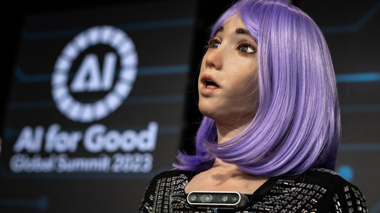 AI robot frontwoman "Desdemona" by Hanson Robotics performs during the world's largest gathering of humanoid AI Robots as part of International Telecommunication Union (ITU) AI for Good Global Summit in Geneva, on July 5, 2023. The United Nations is convening this week a global gathering to try to map out the frontiers of artificial intelligence and to harness its potential for empowering humanity, hoping to lay out a clear blueprint on the way forward for handling AI, as development of the technology races ahead the capacity to set its boundaries. (Photo by Fabrice COFFRINI / AFP)
