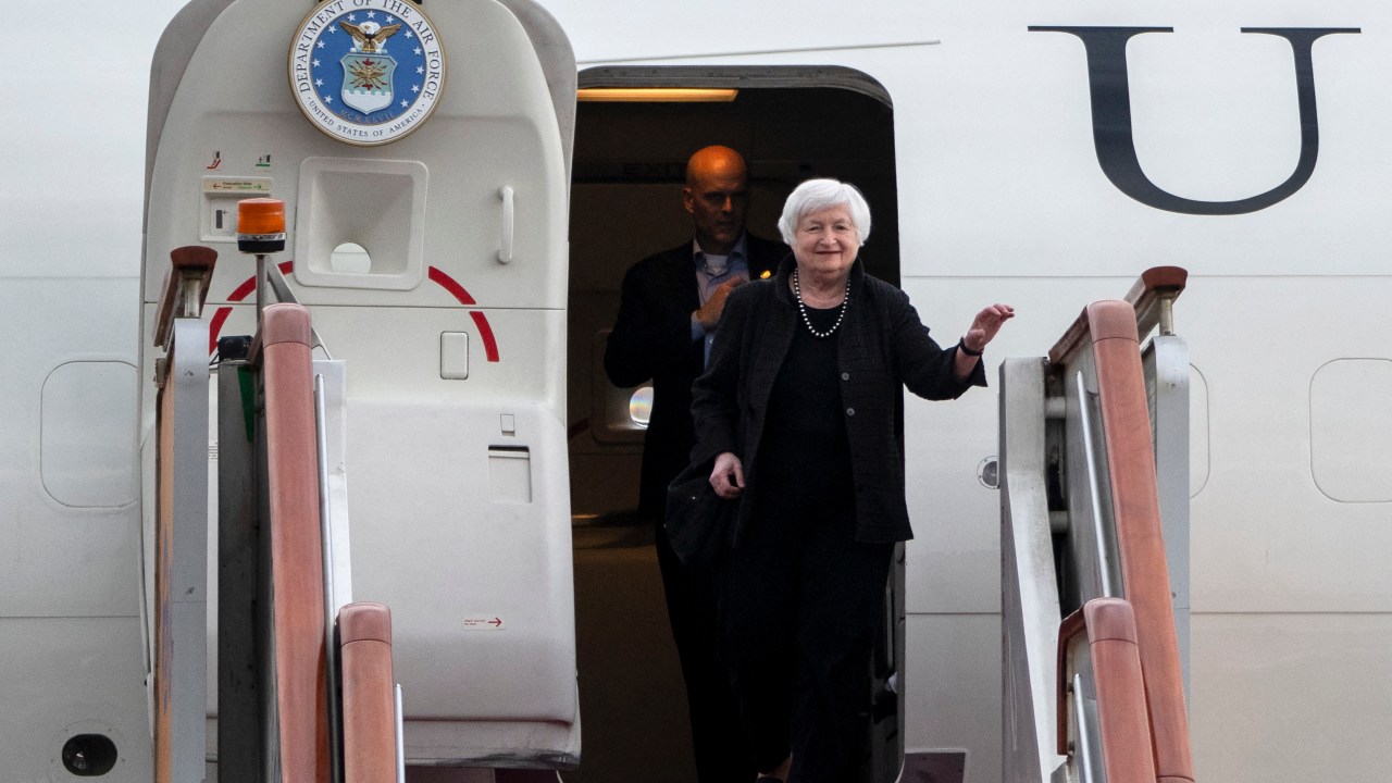 US Treasury Secretary Janet Yellen arrives at Beijing Capital International Airport in Beijing on July 6, 2023. Yellen arrived in Beijing on July 6 kicking off a visit aimed at improving communication and stabilising the tense relationship between the world's two largest economies. (Photo by Mark Schiefelbein / POOL / AFP)