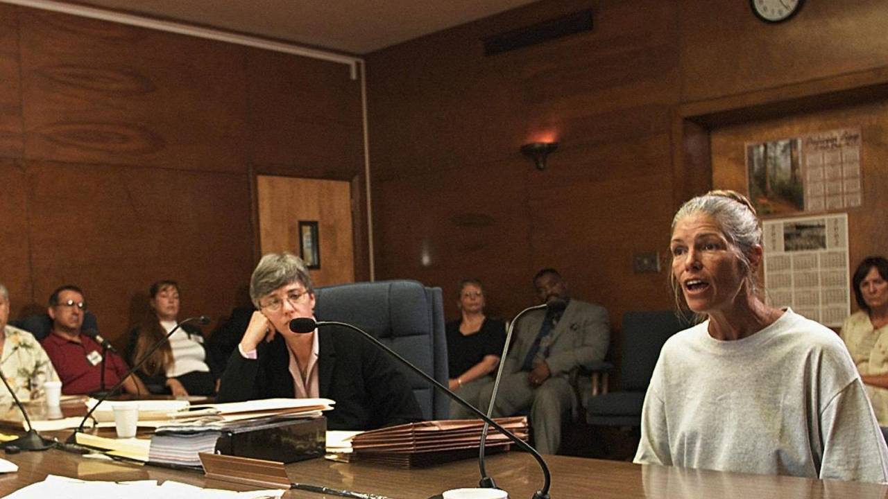 (FILES) Leslie Van Houten, a former follower of Charles Manson, listens as former Deputy District Attorney Stephen Kay (not pictured) describes the 1969 killing scene of the Smaldino couple during a parole hearing June 28, 2002 at the California Institution for Women in Corona, California. Leslie Van Houten, a disciple of notorious serial killer Charles Manson, was released from prison on July 11, 2023 after more than five decades, California prison authorities said. (Photo by DAMIAN DOVARGANES / AP / AFP)