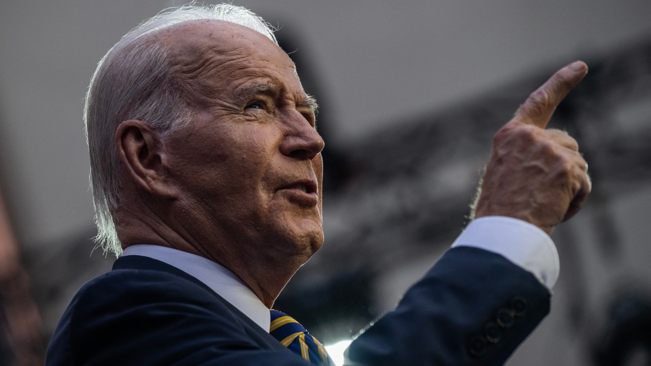 US President Joe Biden gestures as he delivers a speech on NATO at the Vilnius University in Vilnius, Lithuania, on July 12, 2023, after the end of the NATO Summit. US President Joe Biden travelled to Britain on July 9, 2023, to a NATO summit in Lithuania and will end the trip to Europe on July 13, 2023 in Finland. (Photo by ANDREW CABALLERO-REYNOLDS / AFP)