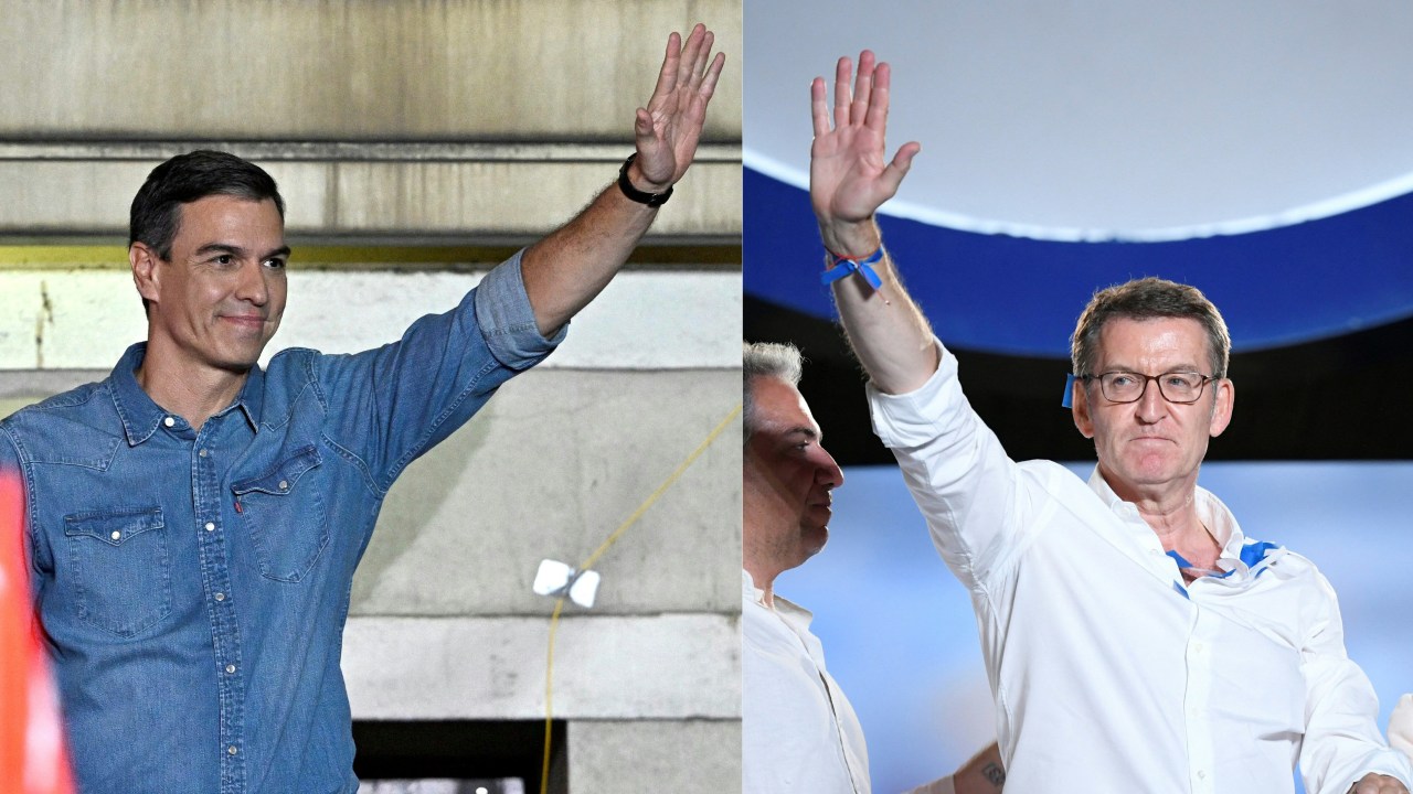 O candidato à reeleição de primeiro-ministro espanhol e do Partido Socialista (PSOE), Pedro Sanchez (à esquerda), e o líder e candidato do conservador Partido do Povo (PP), Alberto Nunez Feijoo (à direita). 24/07/2023