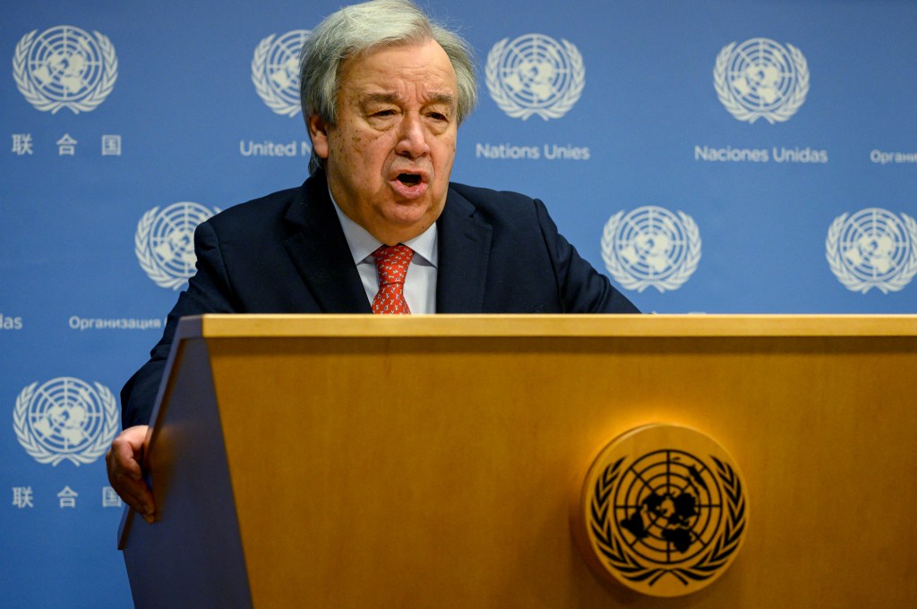 US Secretary-General Antonio Guterres speaks about climate change at UN headquarters in New York City on July 27, 2023. Guterres on Thursday pleaded for immediate radical action on climate change, saying record-shattering July temperatures show Earth has passed from a warming phase into an "era of global boiling." (Photo by Ed JONES / AFP)