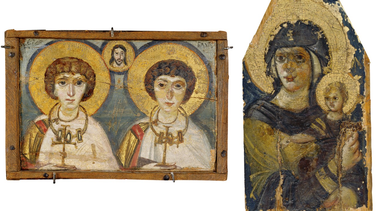 RELÍQUIAS DOURADAS - Os tesouros bizantinos salvos da guerra e agora expostos no Louvre: à dir., a Virgem Maria e o Menino Jesus; à esq., os santos Sérgio e Baco