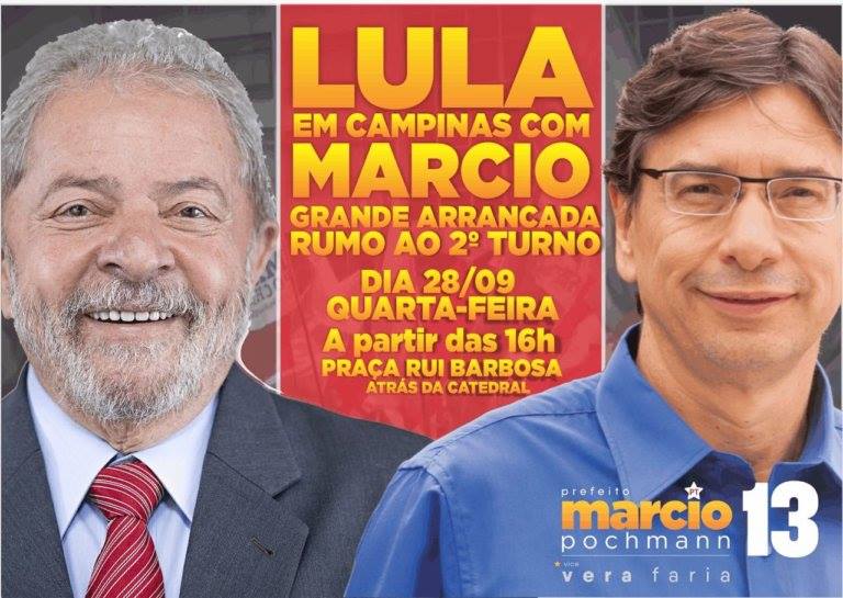 Lula e Marcio Pochmann na campanha eleitoral de 2016, quando o economista foi candidato a prefeito de Campinas