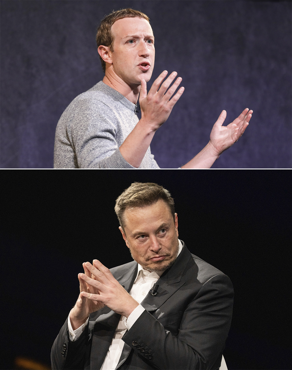 EMBATE DE EGOS - Rivais: Zuckerberg (acima) lança desafio a Musk (abaixo)