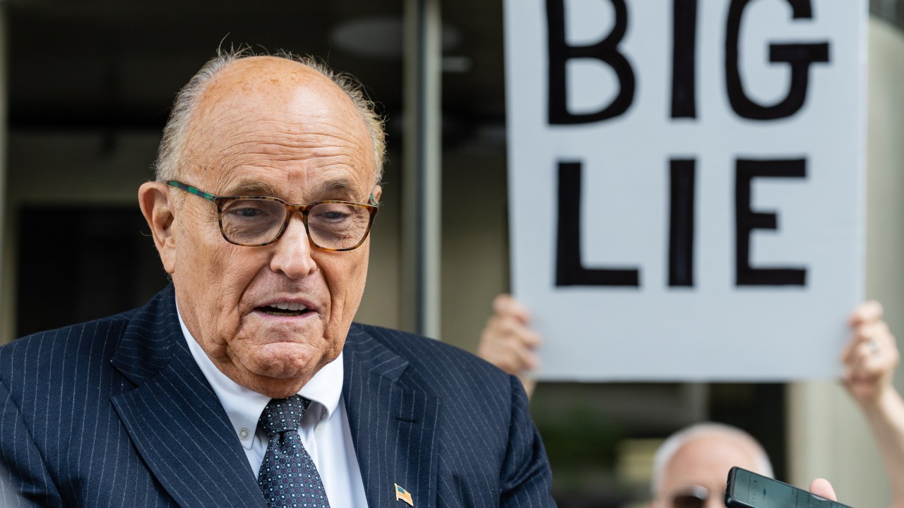 Rudy Giuliani, former lawyer to Donald Trump, speaks to members of the media as he leaves federal court in Washington, DC, US, on Friday, May 19, 2023. Giuliani is facing allegations that he's violated his discovery obligations in a civil suit brought by two Georgia election workers who accused him of defaming them after the 2020 election. Photographer: Eric Lee/Bloomberg via Getty Images
