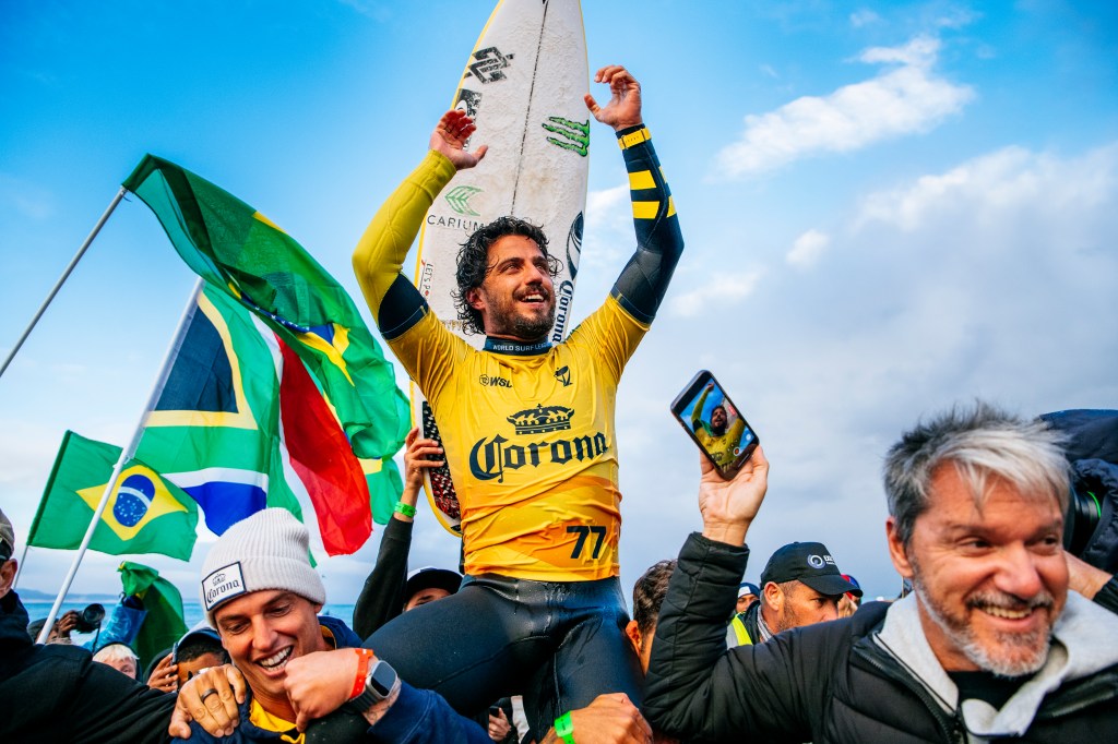 JEFFREYS BAY, EASTERN CAPE, SOUTH AFRICA - JULY 19: WSL Champion Filipe Toledo of Brazil wins the Corona Open J-Bay on July 19, 2023 at Jeffreys Bay, Eastern Cape, South Africa. (Photo by Beatriz Ryder/World Surf League via Getty Images)