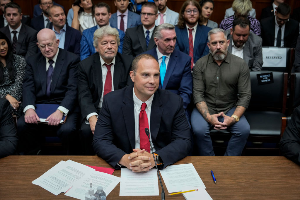 WASHINGTON, DC - JULY 26: David Grusch, former National Reconnaissance Officer Representative of Unidentified Anomalous Phenomena Task Force at the U.S. Department of Defense, takes his seat as he arrives for a House Oversight Committee hearing titled "Unidentified Anomalous Phenomena: Implications on National Security, Public Safety, and Government Transparency" on Capitol Hill 26, 2023 in Washington, DC. Several witnesses are testifying about their experience with possible UFO encounters and discussion about a potential covert government program concerning debris from crashed, non-human origin spacecraft. (Photo by Drew Angerer/Getty Images)