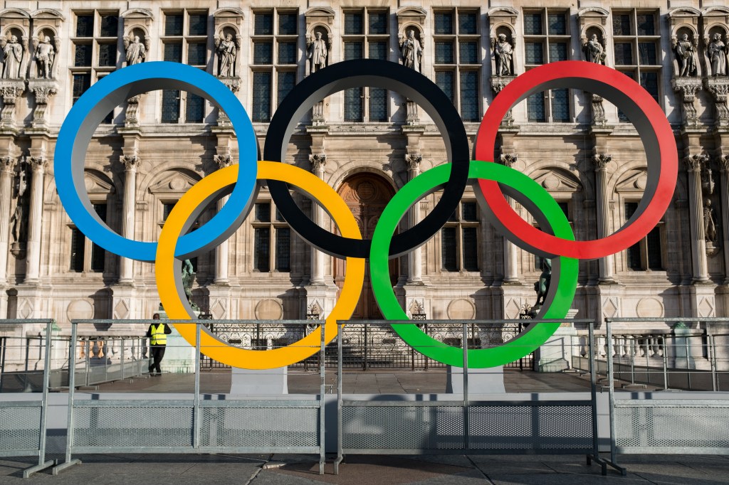 The Olympic rings in front of the town hall to celebrate Paris officially being awarded the 2024 Olympic Games in Paris, France, on October 20, 2017. (Photo by Emeric Fohlen/NurPhoto via Getty Images)