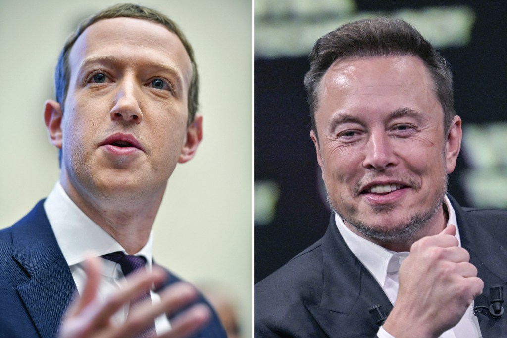 O dono da Meta, Mark Zuckerberg (à esquerda) e o proprietário do X, antes conhecido como Twitter, Elon Musk (à direita).