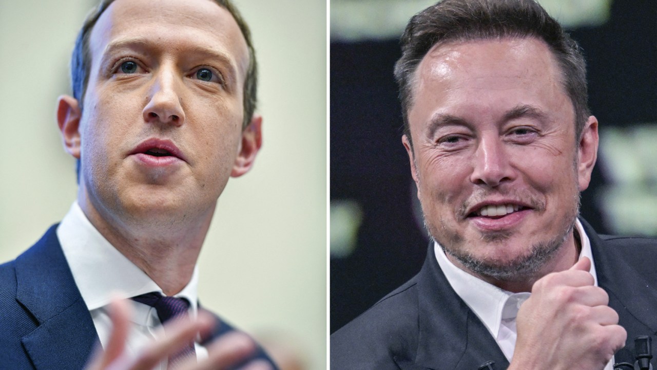 O dono da Meta, Mark Zuckerberg (à esquerda) e o proprietário do X, antes conhecido como Twitter, Elon Musk (à direita).