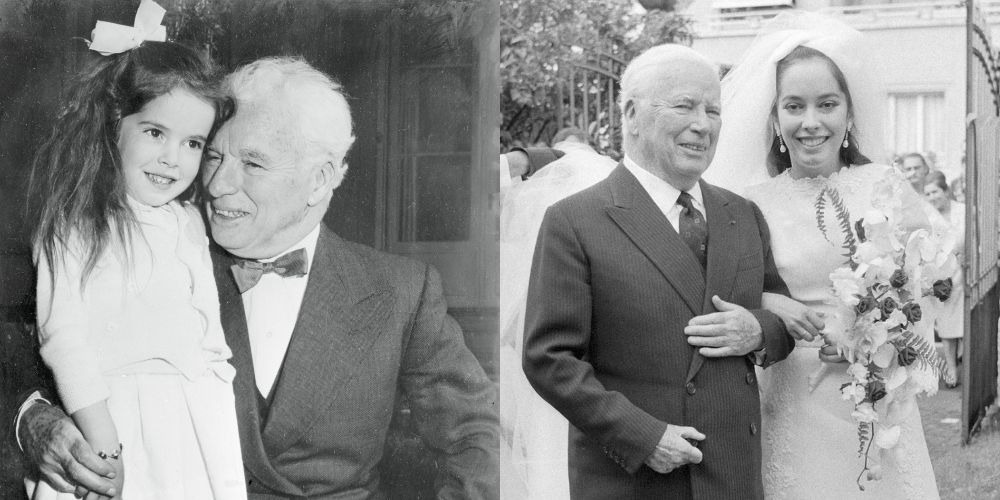 Josephine ao lado do pai, Charlie Chaplin: na infância, comemorando o aniversário de 65 anos do patriarca, e em seu casamento, em 1969