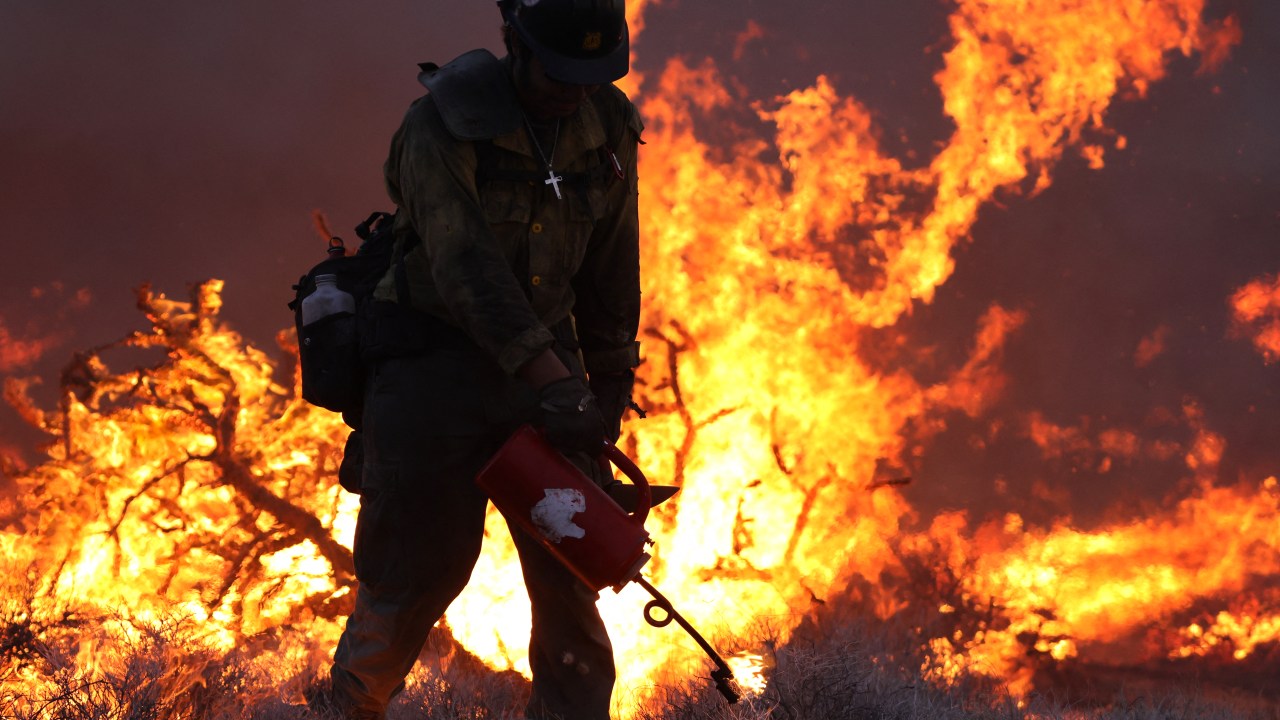 Crane Valley Hotshots set a back fire as the York Fire burns in the Mojave National Preserve on July 30, 2023. The York Fire has burned over 70,000 acres, including Joshua trees and yucca in the Mojave National Preserve, and has crossed the state line from California into Nevada. (Photo by DAVID SWANSON / AFP)