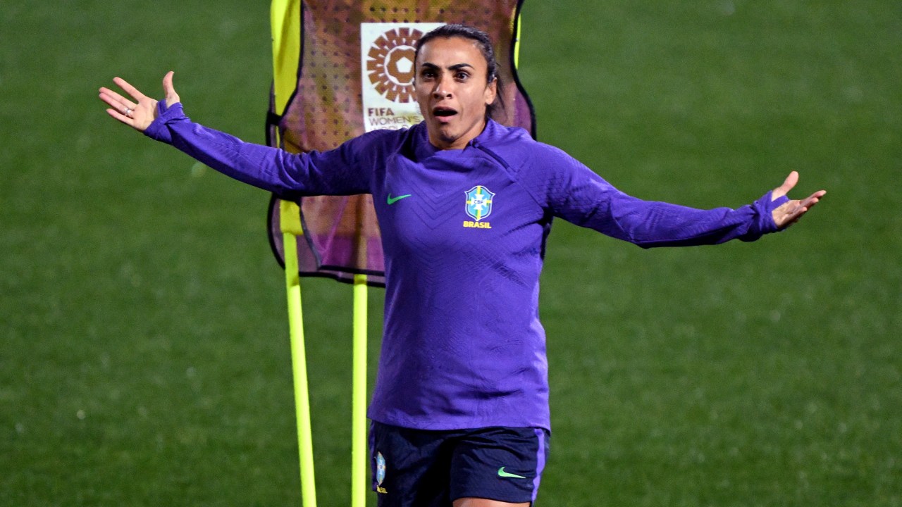 Brazil's Marta takes part in a training session at the Lakeside Stadium in Melbourne on August 1, 2023, on the eve of the Women's World Cup football match between Jamaica and Brazil. (Photo by William WEST / AFP)