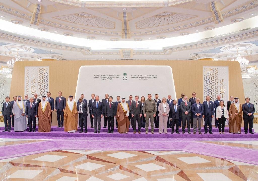 A handout picture provided by the Saudi Press Agency (SPA) on August 6, 2023 shows representatives posing for a group picture during a National Security advisors' meeting in Jeddah. (Photo by SPA / AFP) / === RESTRICTED TO EDITORIAL USE - MANDATORY CREDIT "AFP PHOTO / HO / SPA" - NO MARKETING NO ADVERTISING CAMPAIGNS - DISTRIBUTED AS A SERVICE TO CLIENTS ===