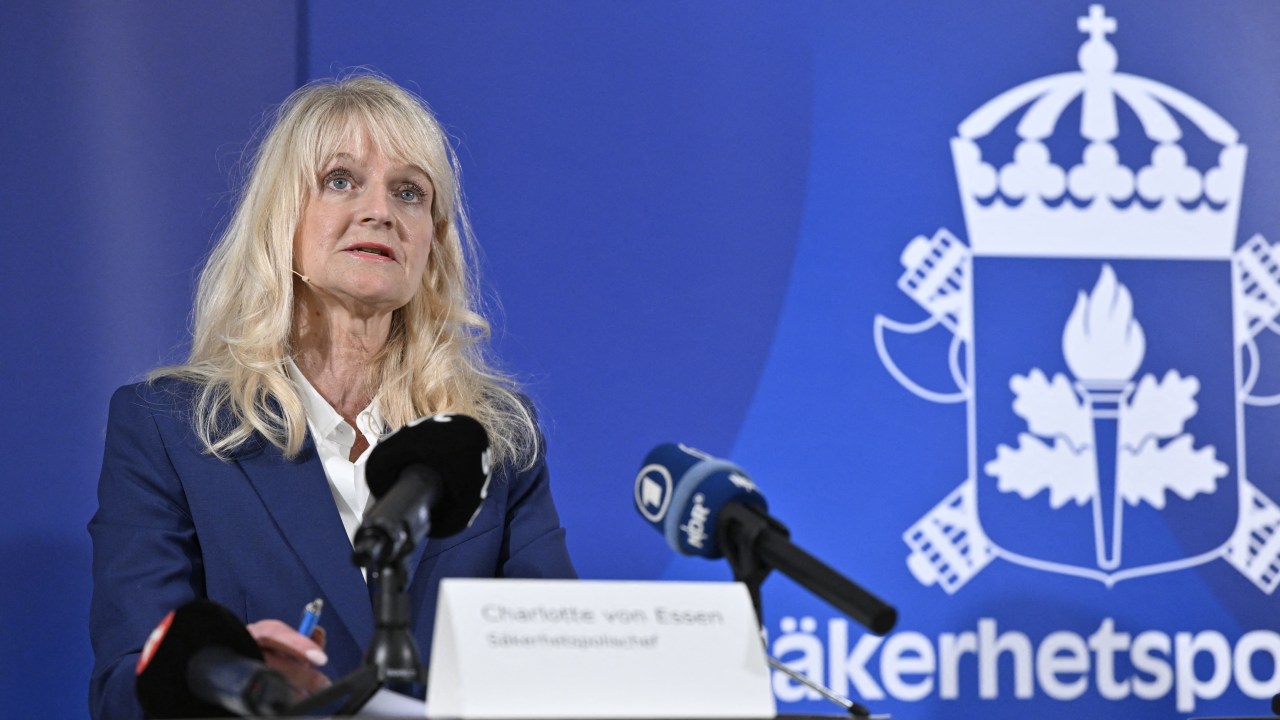 Swedish Security Police Chief Charlotte von Essen addresses a press conference in Stockholm as the terror threat level in Sweden was raised to four on a five-point scale on August 17, 2023, following recent Koran burnings. Sweden's intelligence agency raised its terror alert level on August 17, 2023 to four on a scale of five after angry reactions in the Muslim world to Koran burnings in Sweden made it a "prioritised target". (Photo by Henrik MONTGOMERY / various sources / AFP) / Sweden OUT