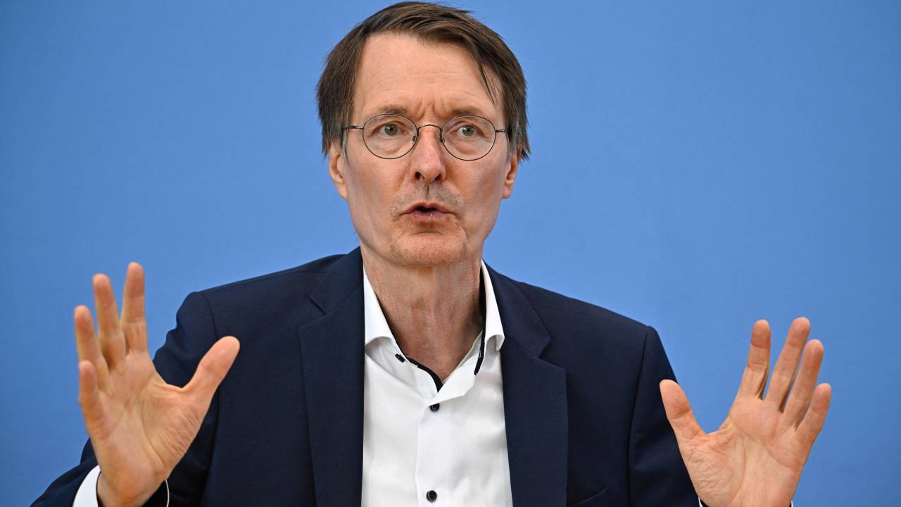 German Health Minister Karl Lauterbach addresses a news conference on legalizing Cannabis, in Berlin on August 16, 2023. The German government approved a draft law on August 16, 2023 legalising the purchase and possession of small amounts of cannabis for recreational use, despite criticism from opposition politicians and judges. (Photo by Tobias SCHWARZ / AFP)
