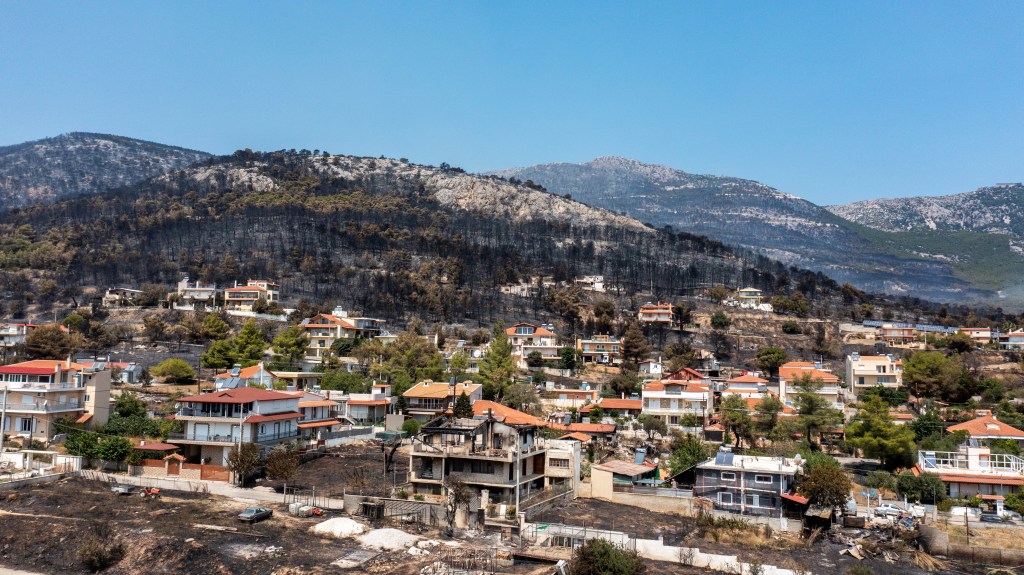 An aerial view shows part of Fyli mountain, with the land scape scorched after wildfires engulfed the area of Acharnes, north of Athens on August 24, 2023. Hundreds of firefighters in Greece struggled on August 24, 2023, to gain the upper hand against major wildfires burning unchecked for a sixth day, leaving 20 dead. (Photo by Spyros Bakalis / AFP)