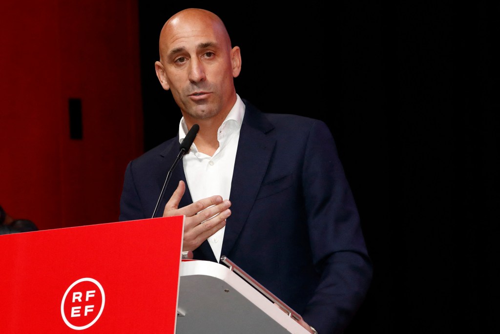 In this handout image released by the Spanish Royal Football Federation (RFEF) on August 25, 2023, RFEF President Luis Rubiales delivers a speech during an extraordinary general assembly of the federation on August 25, 2023 in Las Rozas de Madrid. Spanish football chief Luis Rubiales refused to resign today after a week of heavy criticism for his for his unsolicited kiss on the lips of female player Jenni Hermoso following Spain's Women's World Cup triumph. (Photo by Eidan RUBIO / RFEF / AFP) / RESTRICTED TO EDITORIAL USE - MANDATORY CREDIT "AFP PHOTO / RFEF / EIDAN RUBIO " - NO MARKETING NO ADVERTISING CAMPAIGNS - DISTRIBUTED AS A SERVICE TO CLIENTS