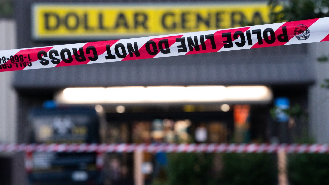 JACKSONVILLE, FLORIDA - AUGUST 27: Crime scene tape stretches across the Dollar General store where three people were shot and killed the day before on August 27, 2023 in Jacksonville, Florida. Police say that the attack by a gunman on Black customers at the store is being investigated as a hate crime. Sean Rayford/Getty Images/AFP (Photo by Sean Rayford / GETTY IMAGES NORTH AMERICA / Getty Images via AFP)